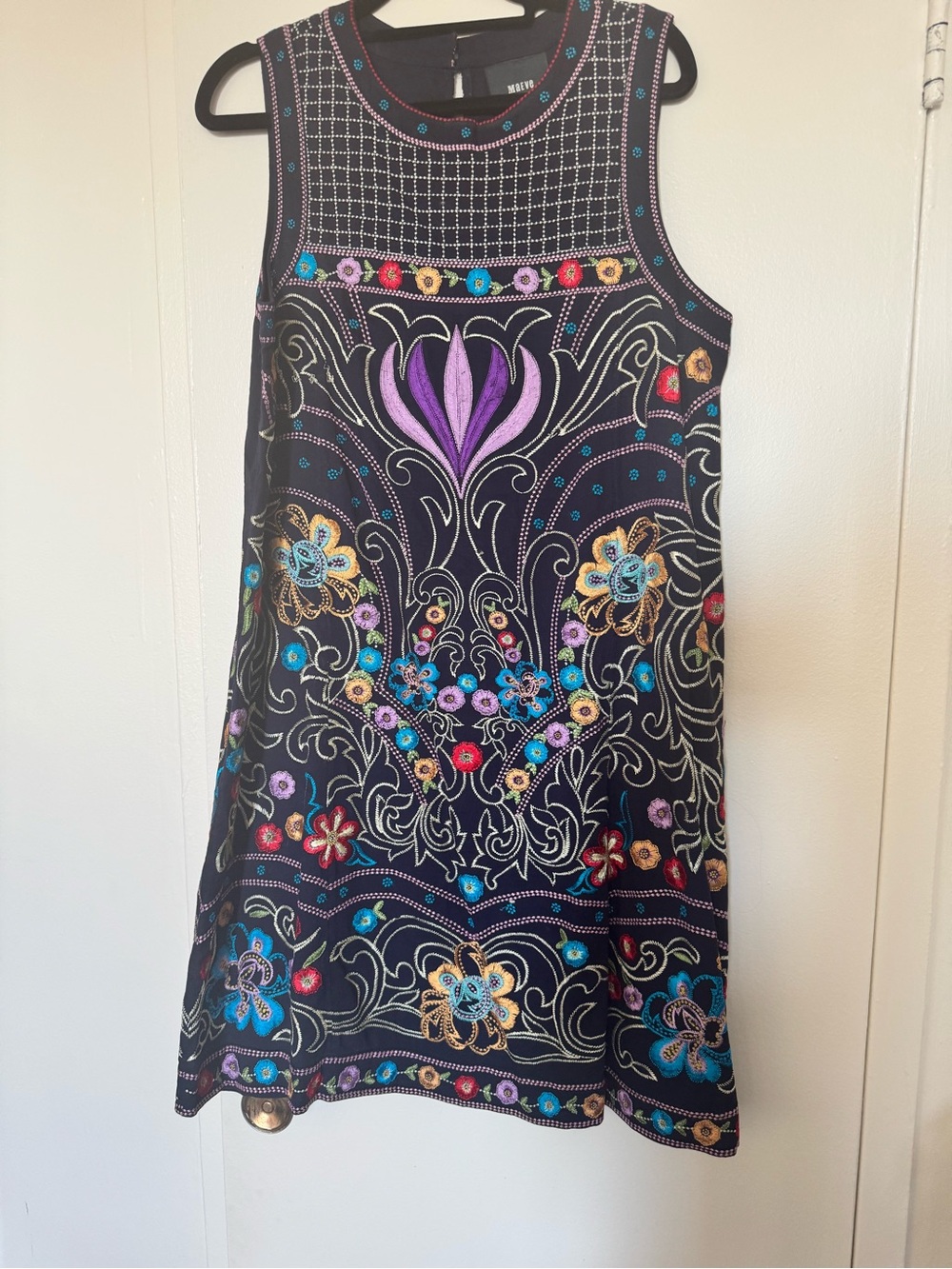 Mauve Black Sleeveless Embroidered Floral Dress with Purple Accent